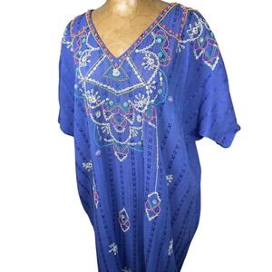 Megan Park Blue Cotton Embroidered Beaded Kaftan Tunic Dress Womens Medium